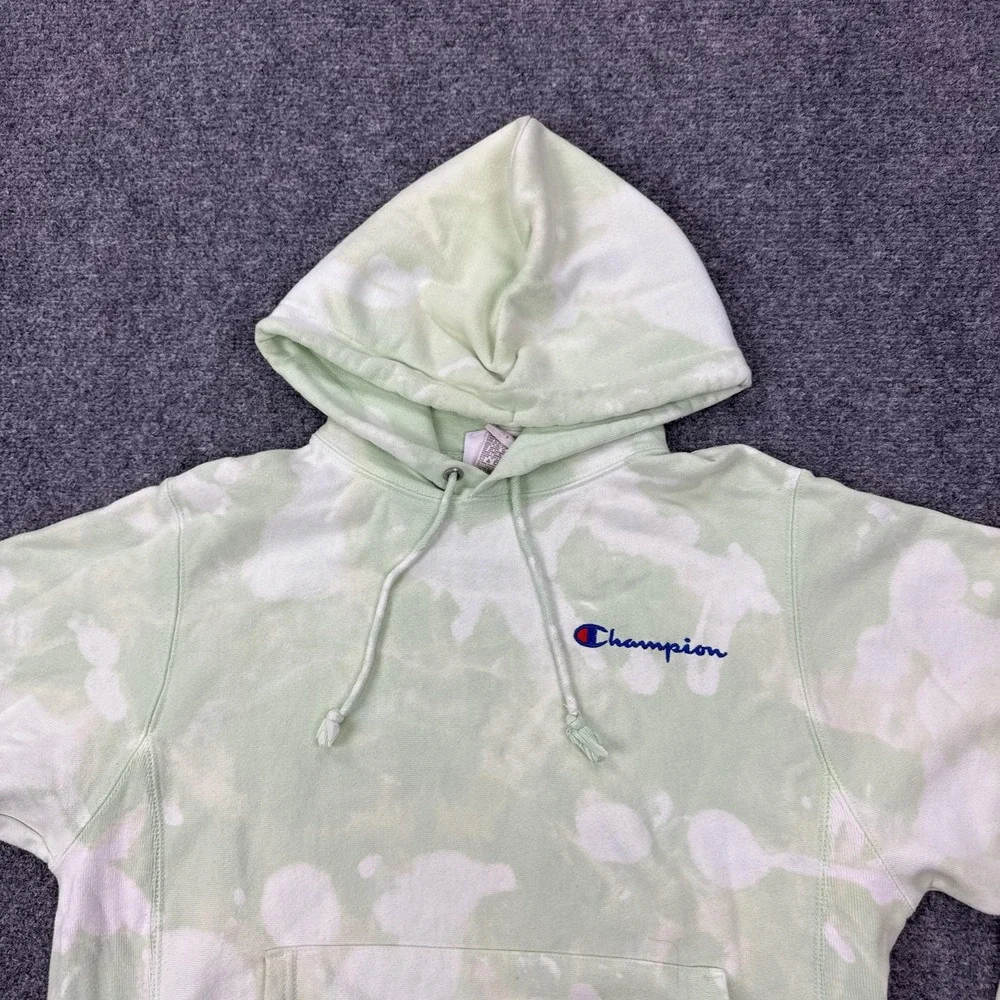 Champion Reverse Weave Hoodie Mens Small Green Bleach Dye Fleece Pullover